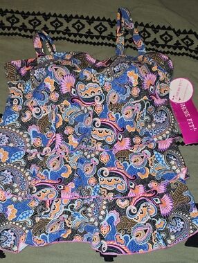 Shore Fit Paisley Layered Tankini Top - Blue/Pink/Orange